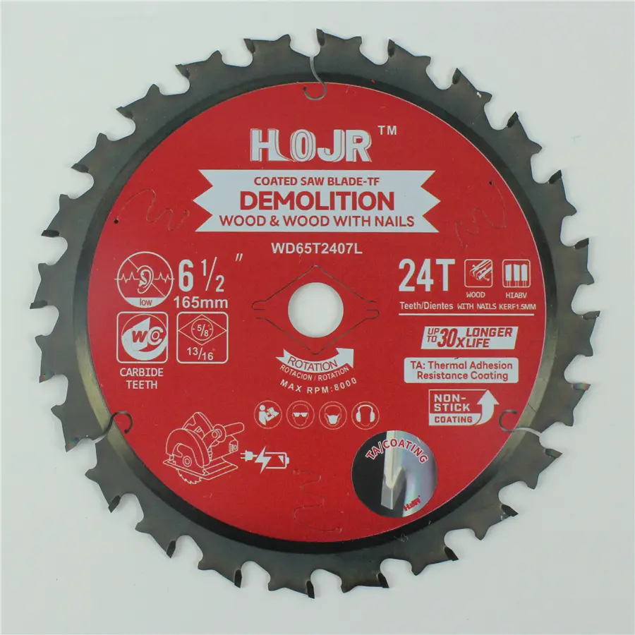 HOJR Framing/Demolition Circular Saw Blade  with TA Coating for Wood and Wood with Nails 6-1/2 Inch 24 HI-ABV Tooth Item: WD65T2407L