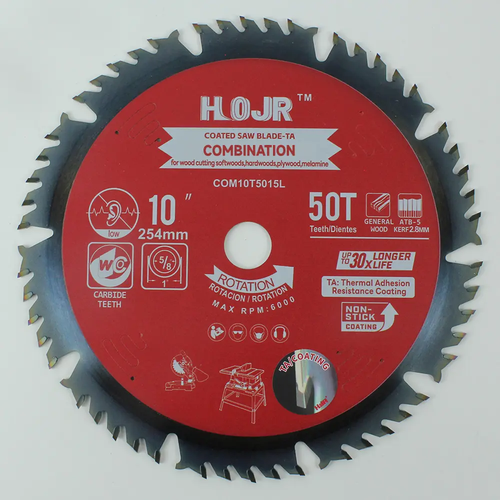 HOJR Combination Wood Cutting circular saw blade TA Non-stick Coating Saw Blade 10" Diameter, 50 ATB-5(4 ATB + 1 FLAT Grind) Teeth Item: COM10T5015L