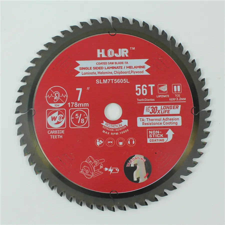HOJR Single Sided Laminate / Melamine Saw Blade For Single-Sided Plywood/Laminate/Melamine Cutting TA Non-stick Coating Saw Blade 7" Diameter, 56 TCG Teeth Item: SLM7T5605L