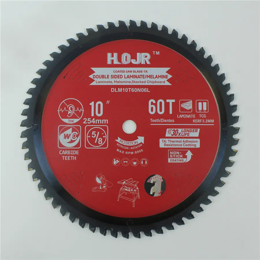 HOJR Double Sided Laminate / Melamine Saw Blade For Plywood/Laminate/Melamine Cutting TA Non-stick Coating Saw Blade 10" Diameter, 60 TCG Teeth Item: DLM10T60N06L